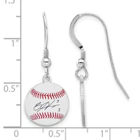 Pair of silver-toned fish hook earrings with small baseball charms featuring red stitching and a signature, displayed next to a measurement ruler.
