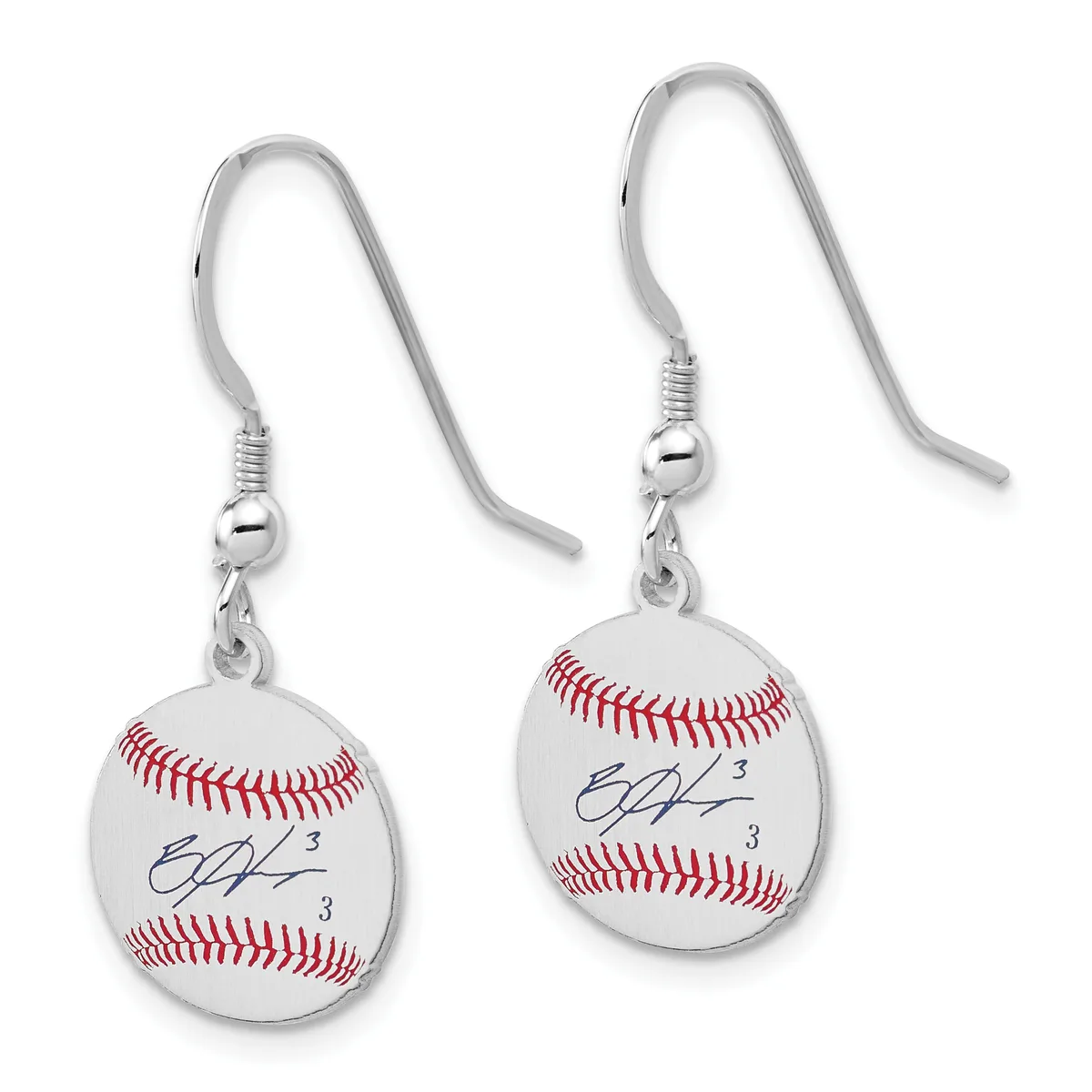 Pair of silver-toned dangle earrings featuring miniature baseballs with red stitching and blue signatures, suspended from curved hooks.