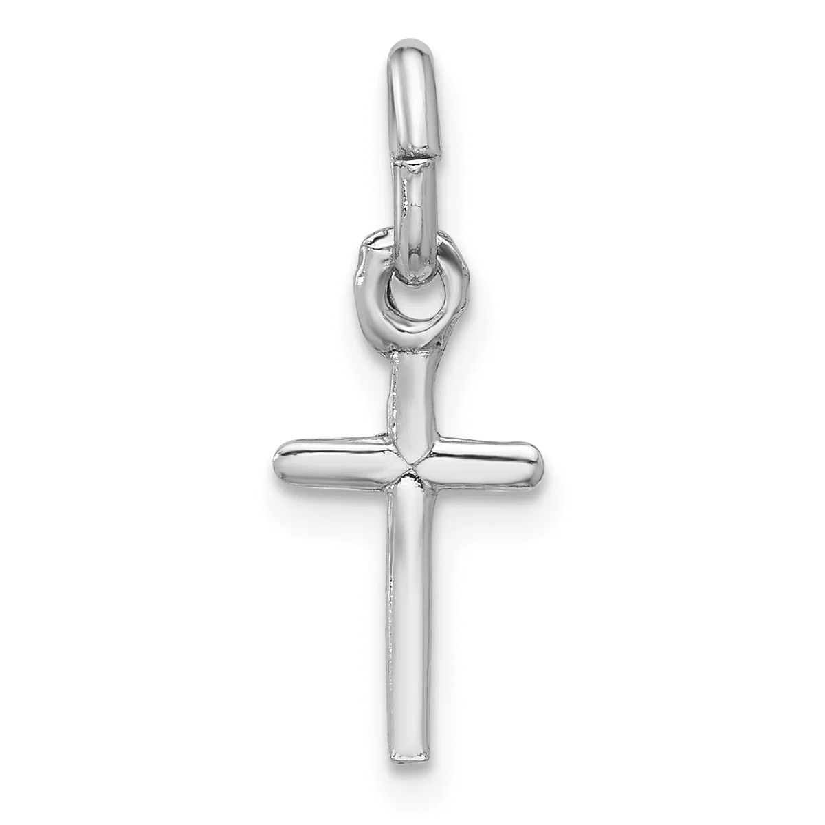 A polished silver cross pendant with a rounded bail loop at the top, shown against a white background.