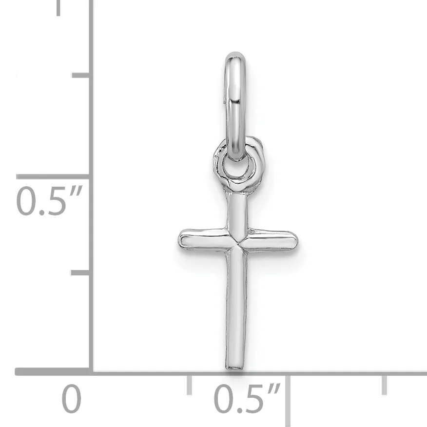 Sterling silver cross pendant with rounded ends shown next to a ruler displaying its 0.5-inch width and height.