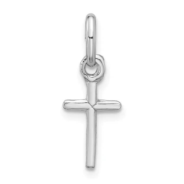 A polished silver cross pendant with a rounded loop at the top for hanging on a chain.