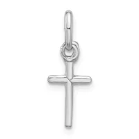 A polished silver cross pendant with a rounded loop at the top for hanging on a chain.