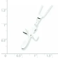 White metal cross pendant with black enamel accents on a beaded chain, shown next to a ruler measuring approximately 1.5 inches in length.