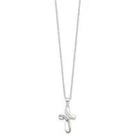 Silver cross pendant with a twisted ribbon design hanging from a delicate silver chain.