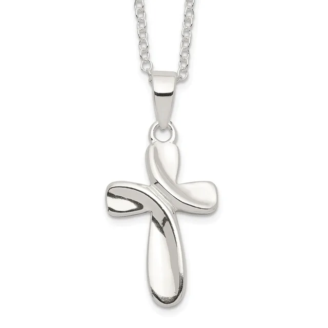 Silver cross pendant with curved ribbon-like design hanging from a silver chain.