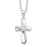 Silver cross pendant with curved ribbon-like design hanging from a silver chain.