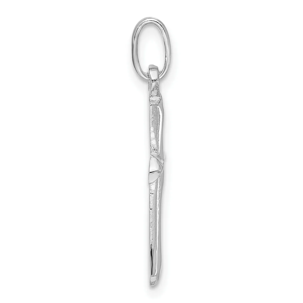 A silver pendant consisting of a long, slender polished rod with decorative bands, suspended from an oval loop at the top.
