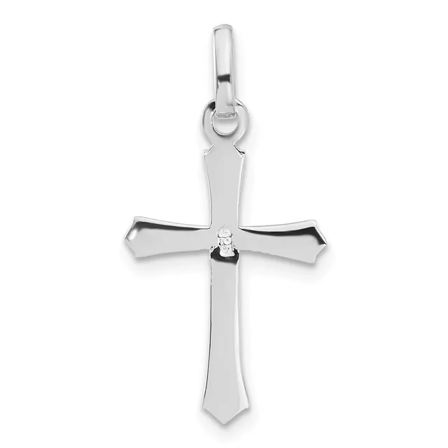 Silver cross pendant with a polished finish, featuring a vertical shaft with a small diamond or gemstone at the center, and curved horizontal arms with upturned ends, suspended from a bale loop.