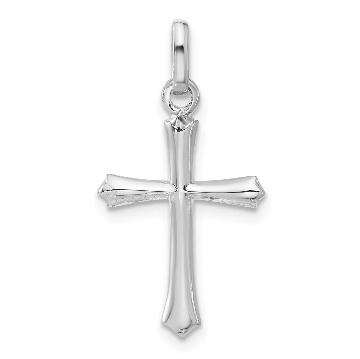 A polished silver cross pendant with a hollow center and a small loop at the top for hanging on a chain.