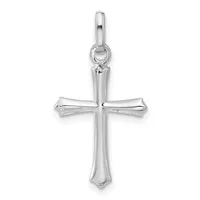 A polished silver cross pendant with a hollow center and a small loop at the top for hanging on a chain.