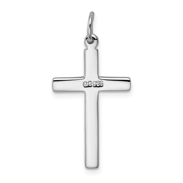 A polished sterling silver cross pendant with a small stamped hallmark on the horizontal bar, suspended from a loop bail.
