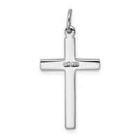 A polished sterling silver cross pendant with a small stamped hallmark on the horizontal bar, suspended from a loop bail.