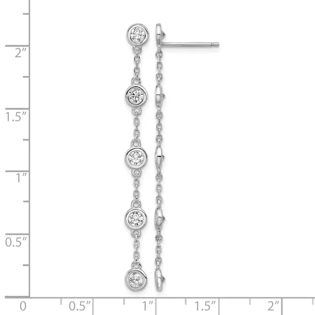 Silver drop earrings featuring five round diamond-like stones set in bezel settings connected by delicate chain links, displayed against a measurement ruler showing approximately two inches in length.