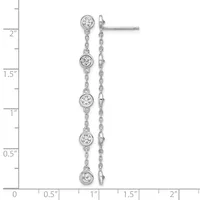 Silver drop earrings featuring five round diamond-like stones set in bezel settings connected by delicate chain links, displayed against a measurement ruler showing approximately two inches in length.