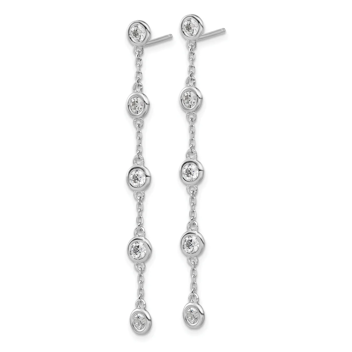 A pair of long silver drop earrings with multiple round diamond stations connected by delicate chain links, displayed against a white background.