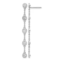 Silver dangle earrings with a chain of five bezel-set round diamonds connected by linked chain segments, displayed against a white background.