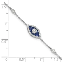 Silver bracelet with an evil eye pendant featuring dark blue enamel and diamonds, shown next to a measurement scale.