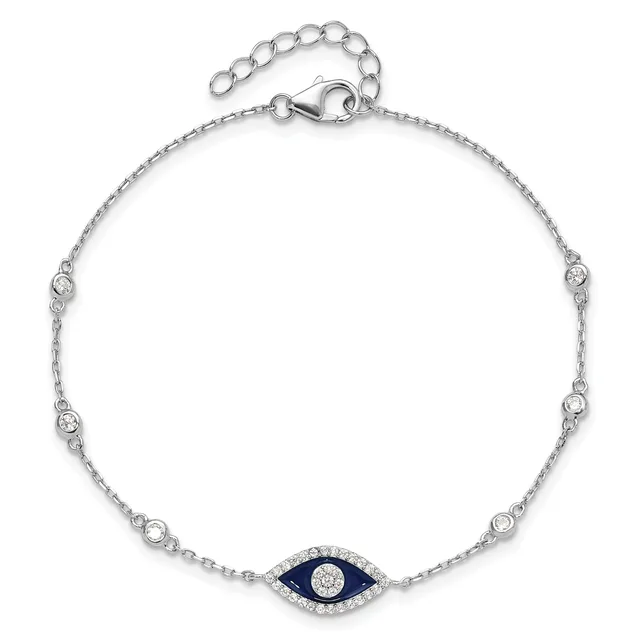 Silver bracelet with an evil eye pendant featuring a dark blue stone center surrounded by white crystals, connected by a delicate chain with evenly spaced small round crystal stations.