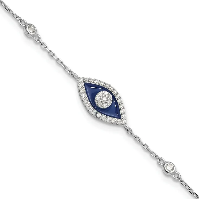 Silver bracelet with an oval evil eye charm featuring a dark blue enamel background, white diamond center, and diamond halo, connected by chain links with bezel-set diamond stations.