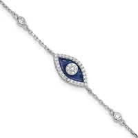 Silver bracelet with an oval evil eye charm featuring a dark blue enamel background, white diamond center, and diamond halo, connected by chain links with bezel-set diamond stations.