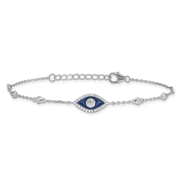 Silver bracelet with a delicate chain, featuring a central evil eye charm set with blue enamel and diamonds, adjustable lobster clasp closure.