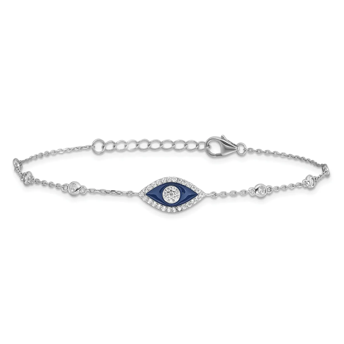 Silver bracelet with a delicate chain, featuring a central evil eye charm set with blue enamel and diamonds, adjustable lobster clasp closure.