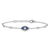 Silver bracelet with a delicate chain, featuring a central evil eye charm set with blue enamel and diamonds, adjustable lobster clasp closure.