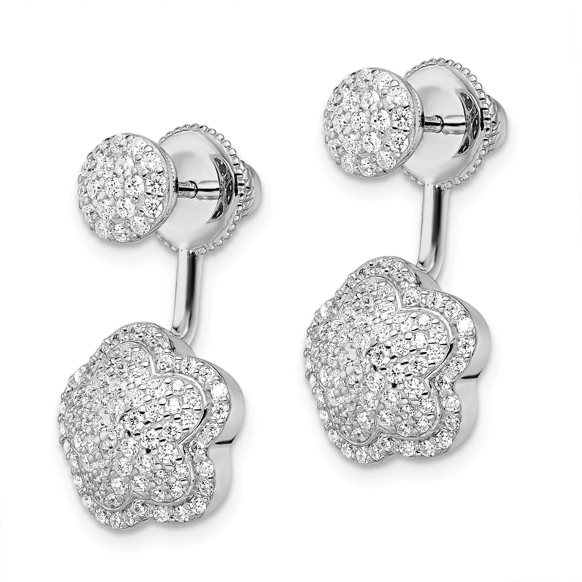 A pair of white metal drop earrings with round studs connected to flower-shaped pendants, all paved with small round diamonds.