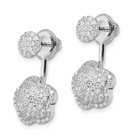 A pair of white metal drop earrings with round studs connected to flower-shaped pendants, all paved with small round diamonds.
