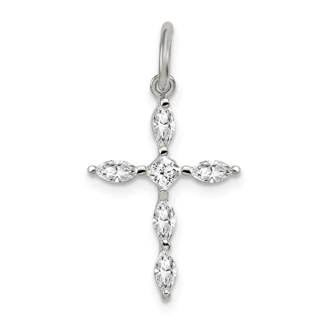 Silver cross pendant with marquise and cushion-cut cubic zirconia stones arranged in a geometric pattern, shown hanging from a bail.