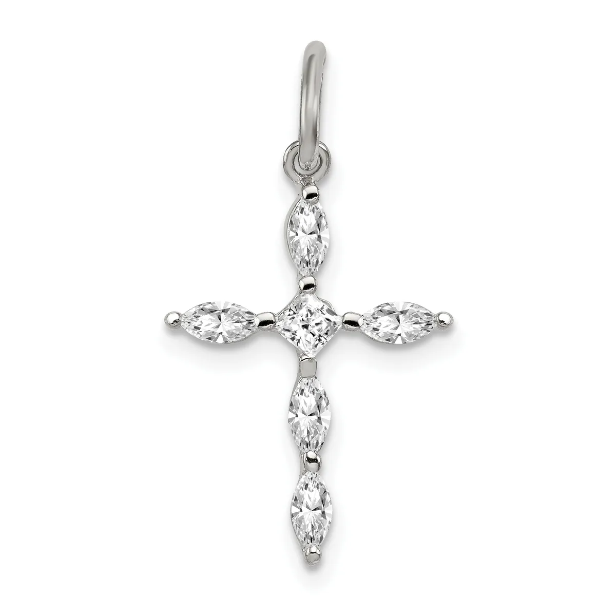 Silver cross pendant with marquise and cushion-cut cubic zirconia stones arranged in a geometric pattern, shown hanging from a bail.