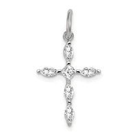 Silver cross pendant with marquise and cushion-cut cubic zirconia stones arranged in a geometric pattern, shown hanging from a bail.