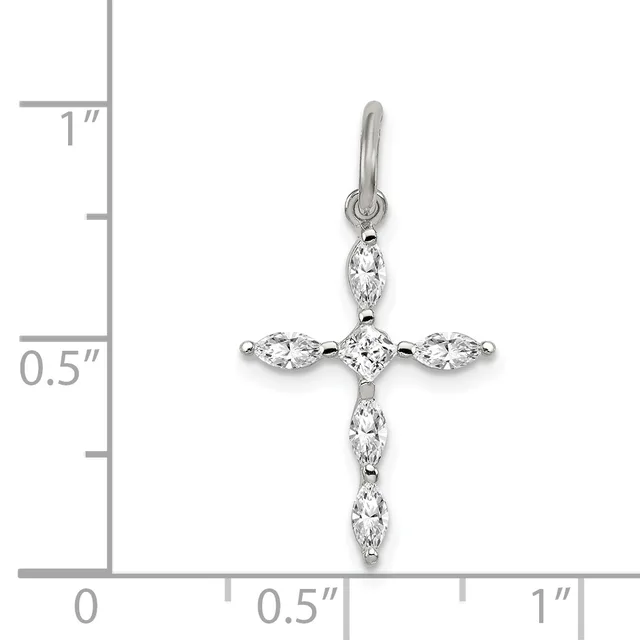 Silver cross pendant with marquise-cut cubic zirconia stones arranged in a cross pattern, shown against a measurement scale indicating approximately one inch in height.