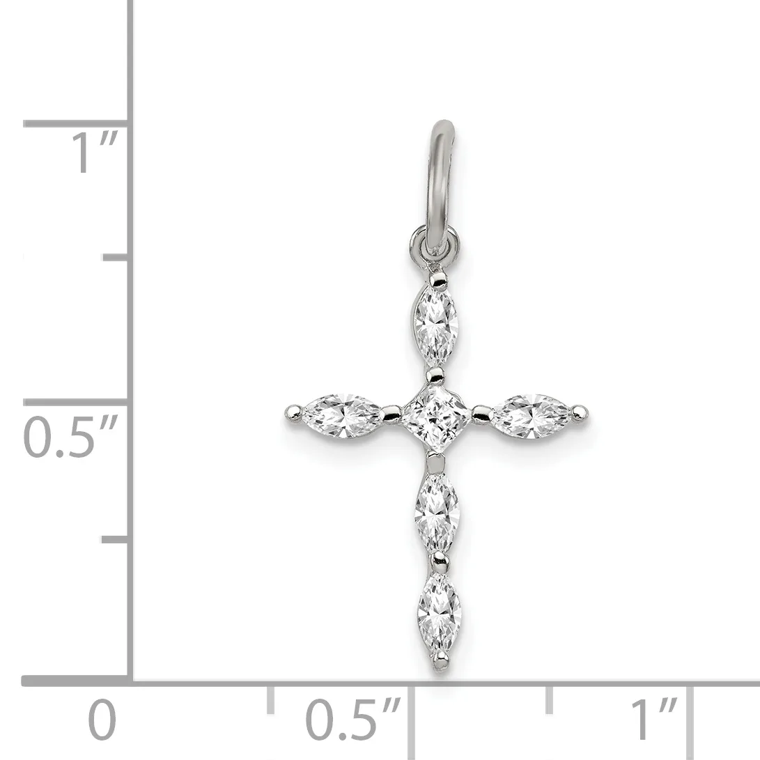 Silver cross pendant with marquise-cut cubic zirconia stones arranged in a cross pattern, shown against a measurement scale indicating approximately one inch in height.