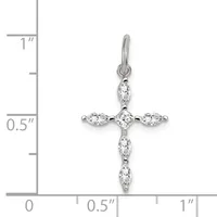 Silver cross pendant with marquise-cut cubic zirconia stones arranged in a cross pattern, shown against a measurement scale indicating approximately one inch in height.