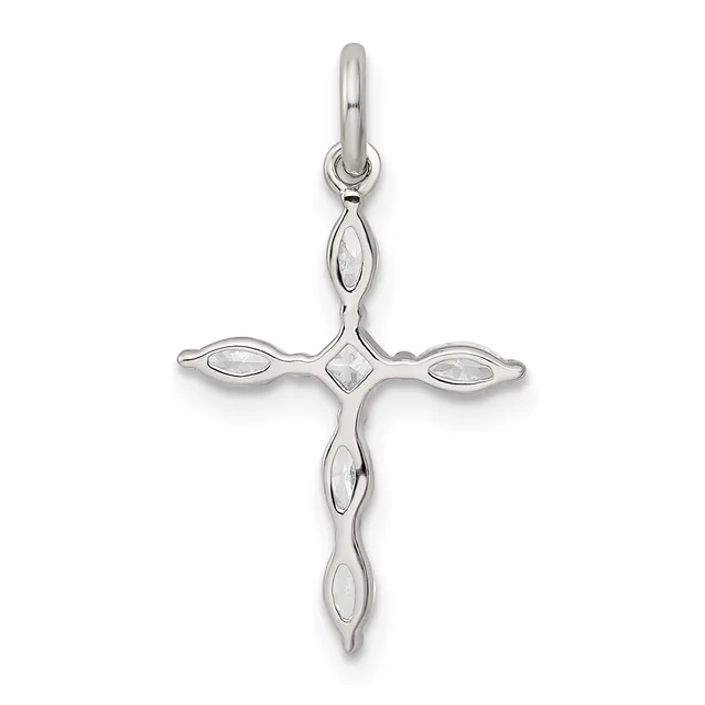 A silver cross pendant with oval-shaped clear stone settings arranged in a quatrefoil pattern, suspended from a silver bail.
