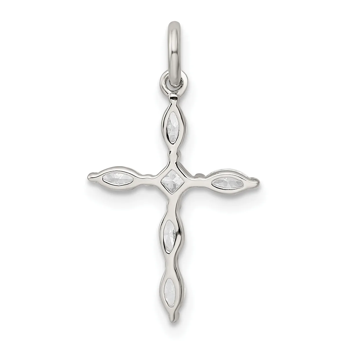 A silver cross pendant with oval-shaped clear stone settings arranged in a quatrefoil pattern, suspended from a silver bail.