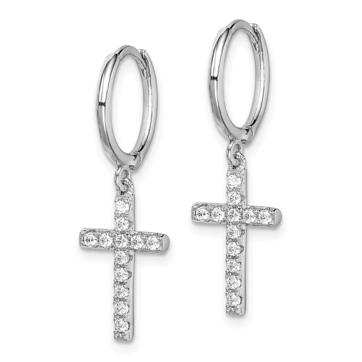 A pair of silver hoop earrings with diamond-studded cross pendants hanging from each hoop.