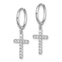 A pair of silver hoop earrings with diamond-studded cross pendants hanging from each hoop.