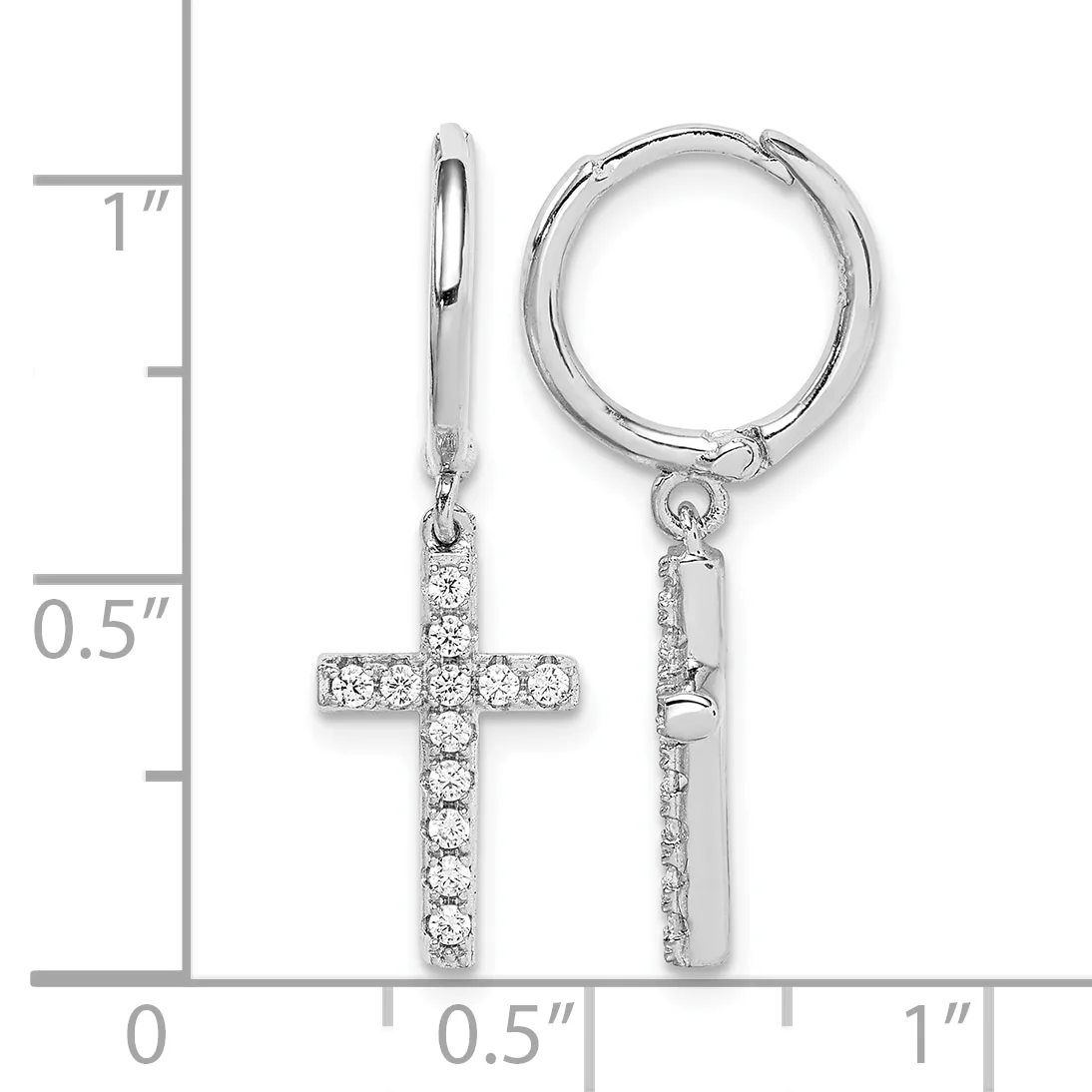 Silver hoop earrings with diamond-studded cross pendants, shown against a ruler measuring approximately one inch in length.
