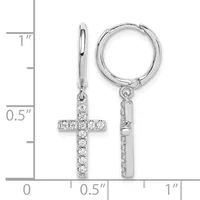 Silver hoop earrings with diamond-studded cross pendants, shown against a ruler measuring approximately one inch in length.