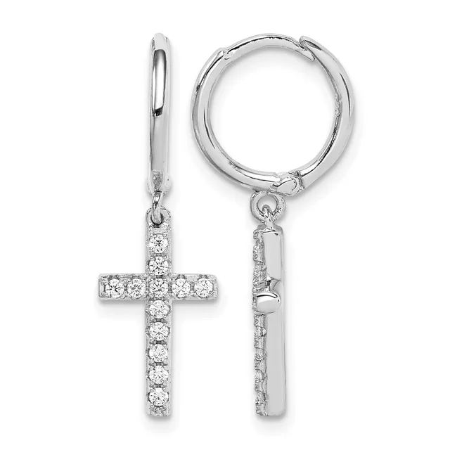 A pair of silver hoop earrings with diamond-studded cross pendants hanging from hinged closures.