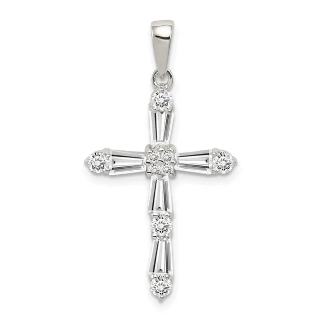 Silver cross pendant with round diamonds set along the vertical and horizontal arms and a small hallmark on the bail.