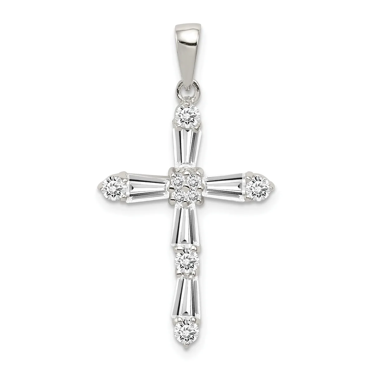 Silver cross pendant with round diamonds set along the vertical and horizontal arms and a small hallmark on the bail.
