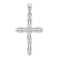 Silver cross pendant with round diamonds set along the vertical and horizontal arms and a small hallmark on the bail.