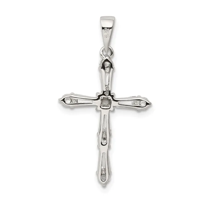 A silver cross pendant with a polished finish, featuring decorative oval elements along the arms and vertical shaft, suspended from a bail at the top.