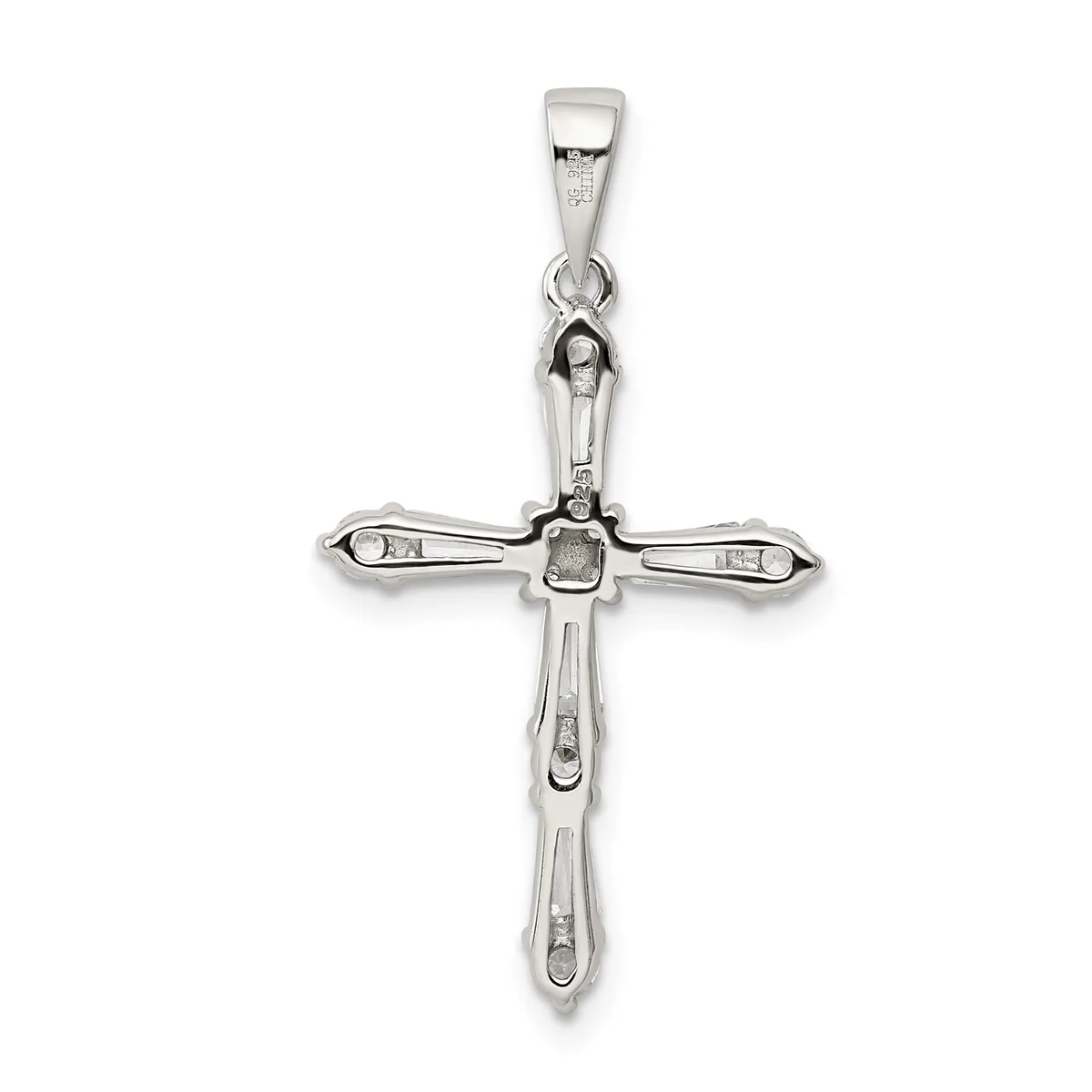 A silver cross pendant with a polished finish, featuring decorative oval elements along the arms and vertical shaft, suspended from a bail at the top.