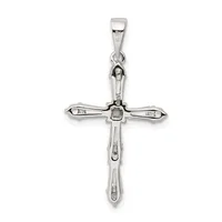 A silver cross pendant with a polished finish, featuring decorative oval elements along the arms and vertical shaft, suspended from a bail at the top.