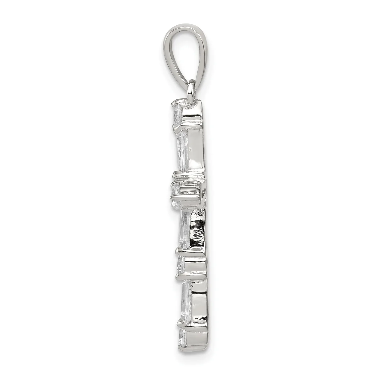 A silver vertical bar pendant with rectangular sections containing what appear to be gemstones, attached to a looped bail at the top.