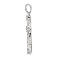 A silver vertical bar pendant with rectangular sections containing what appear to be gemstones, attached to a looped bail at the top.